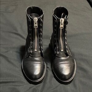 AllSaints Black Leather Front-Zip Moto Combat Boots